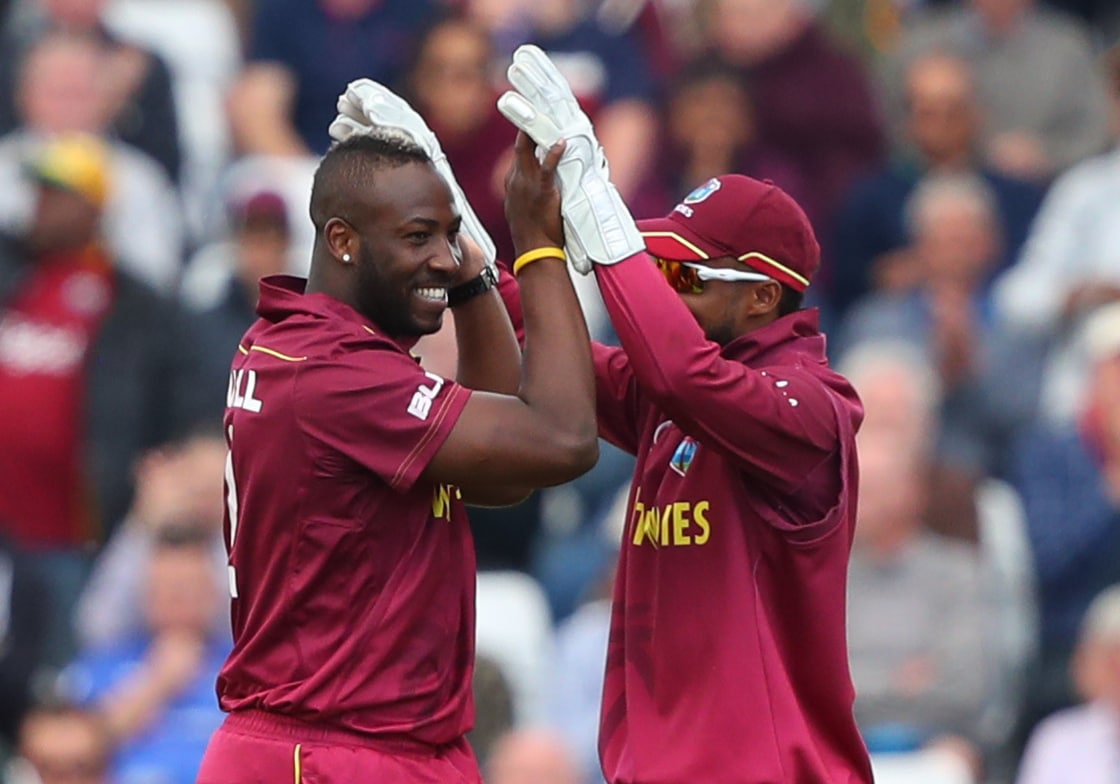 Andre Russell celebrates a wicket for West Indies