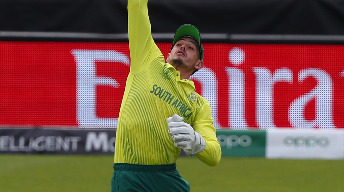 Quinton de Kock takes a catch for South Africa