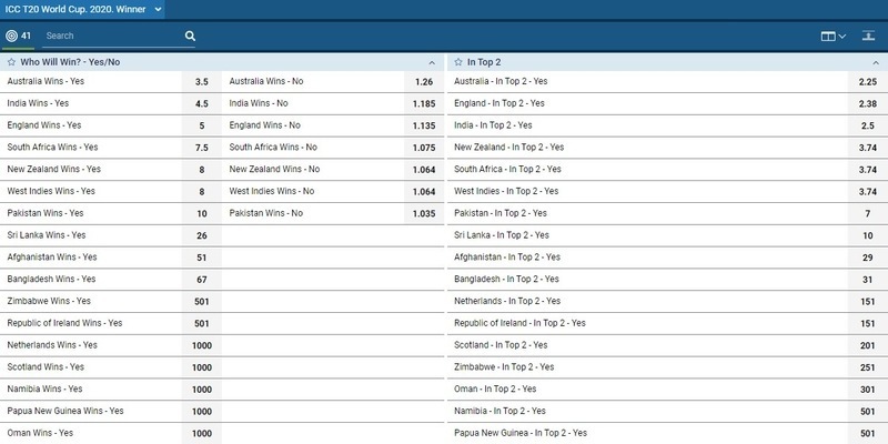 1xBet Cricket Betting Odds T20 World Cup 2020