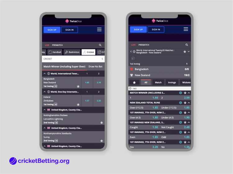 twicedice mobile screenshot upcoming cricket odds and match